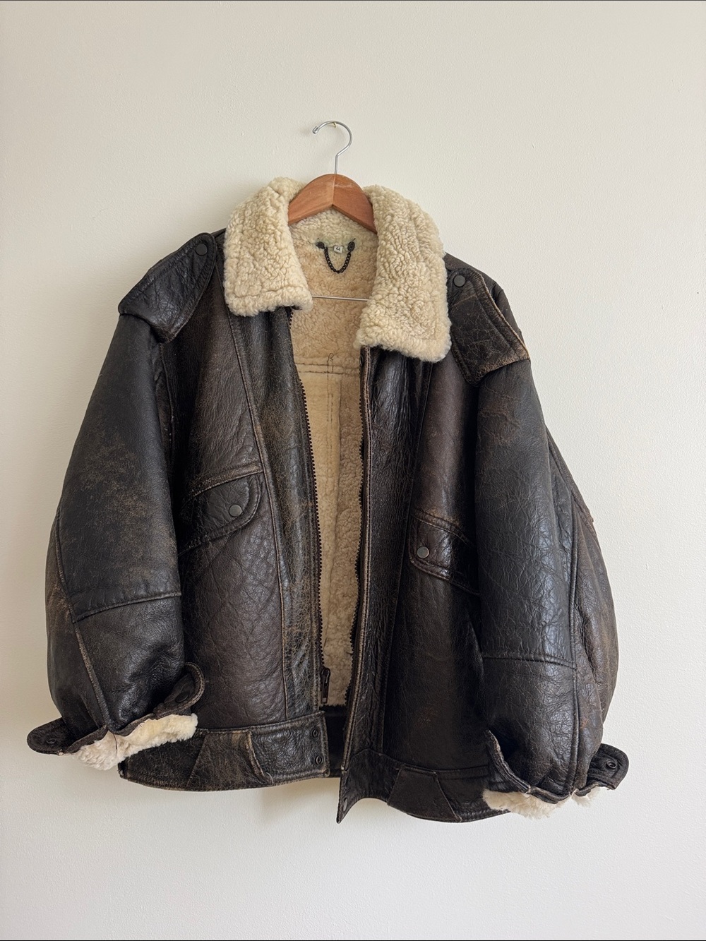 Distressed Dark Brown Shearling-Lined Aviation Bomber Jacket